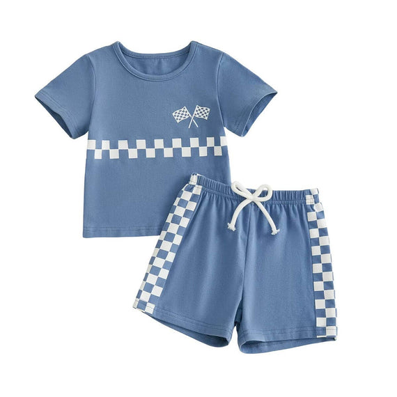 Short Sleeve Checkered Flag Baby Set Blue 3-6 M
