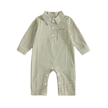 Long Sleeve Gingham Collared Baby Jumpsuit Green 0-3 M
