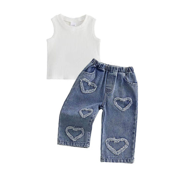 Sleeveless Ribbed Vest Denim Pants Toddler Set