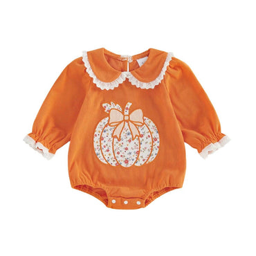 Long Sleeve Collar Pumpkin Baby Romper Orange 0-3 M