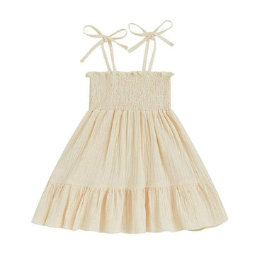 Tie Shoulder Solid Toddler Dress Beige 12-18 M