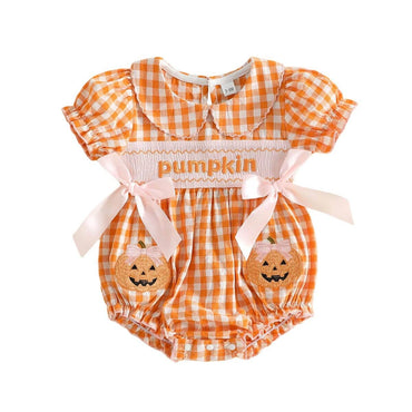 Puff Sleeve Checkered Halloween Baby Romper Orange 0-3 M