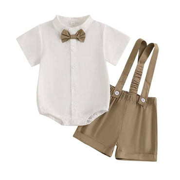 Short Sleeve Gentleman Suspender Baby Set Khaki 0-3 M