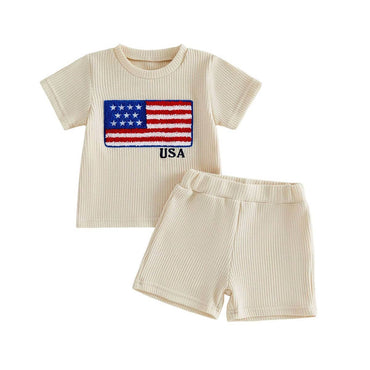 Short Sleeve USA Flag Baby Set Beige 3-6 M