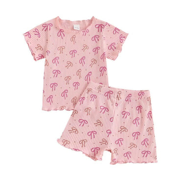 Short Sleeve Bows Ribbed Toddler Set Pink 9-12 M