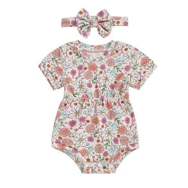 Short Sleeve Floral Ribbed Baby Romper