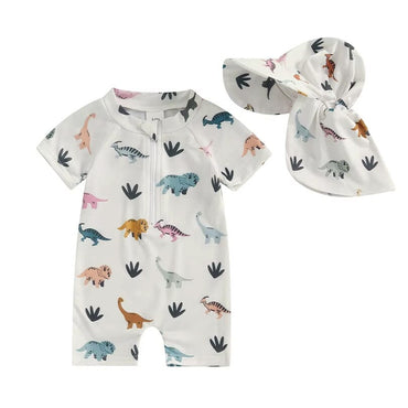 Short Sleeve Dinosaurs Zipper Baby Swimsuit White 3-6 M