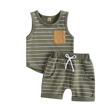 Sleeveless Striped Pocket Baby Set Green 3-6 M