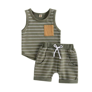 Sleeveless Striped Pocket Baby Set Green 3-6 M