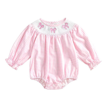 Long Sleeve Pink Plaid Bows Baby Romper