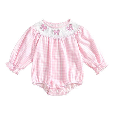 Long Sleeve Pink Plaid Bows Baby Romper