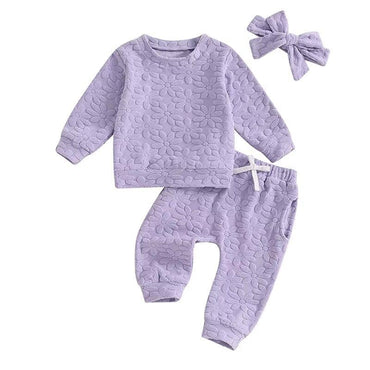 Long Sleeve Solid Flowers Baby Set Purple 3-6 M