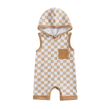Sleeveless Checkerboard Hooded Baby Jumpsuit Khaki 0-3 M