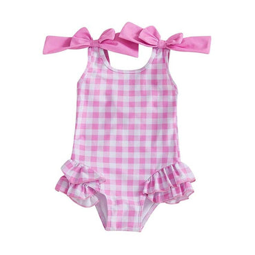 Sleeveless Checkered Toddler Swimsuit Pink 9-12 M