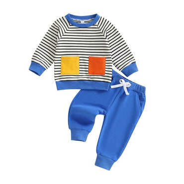 Long Sleeve Striped Solid Pants Toddler Set Blue 9-12 M