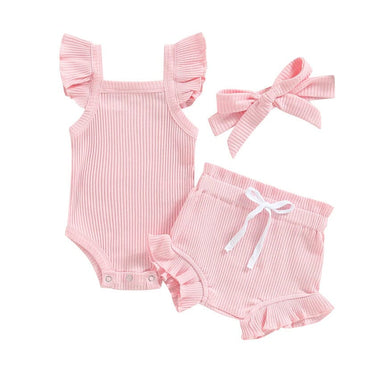 Fly Sleeve Solid Ribbed Baby Set Pink 0-3 M