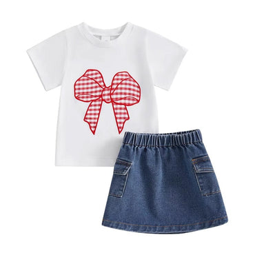 Plaid Bow Denim Skirt Toddler Set