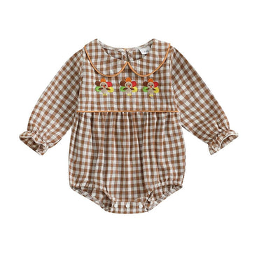 Long Sleeve Collar Plaid Thanksgiving Baby Romper