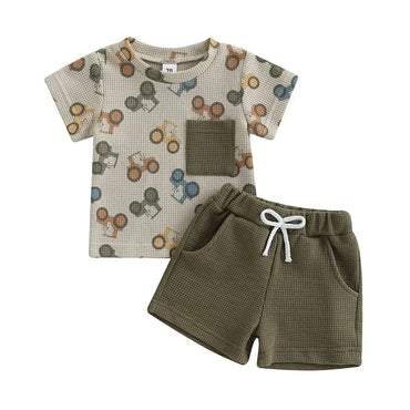 Short Sleeve Waffle Tractor Baby Set
