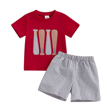 Short Sleeve Baseball Plaid Shorts Baby Set Red 3-6 M