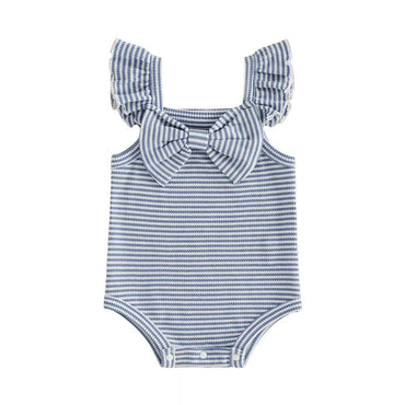 Fly Sleeve Bow Striped Waffle Baby Romper Rompers The Trendy Toddlers Blue 0-3 M