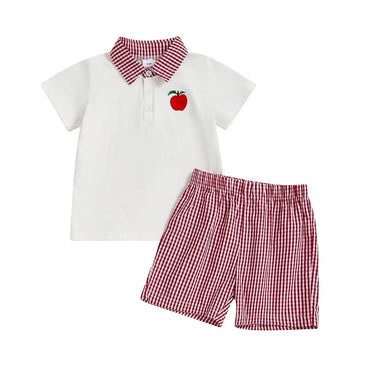 Short Sleeve Collar Plaid Shorts Toddler Set