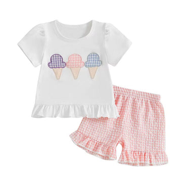 Short Sleeve Ice Cream Plaid Shorts Toddler Set