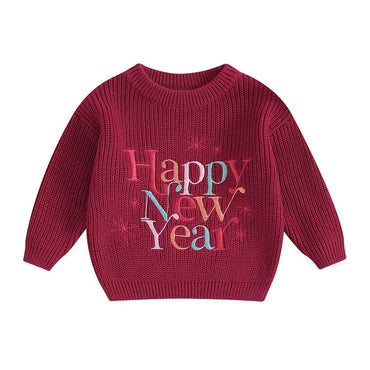 Happy New Year Knit Baby Sweater Burgundy Red 0-3 M