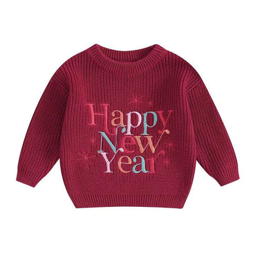 Happy New Year Knit Baby Sweater Burgundy Red 0-3 M