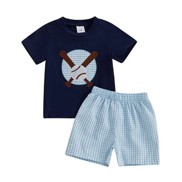 Short Sleeve Baseball Plaid Shorts Baby Set Blue 3-6 M