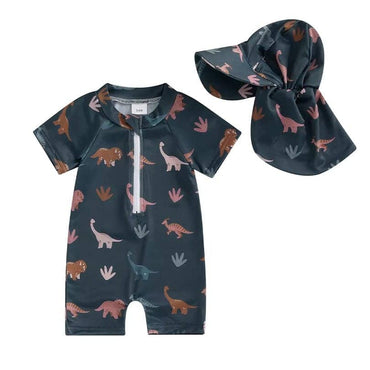 Short Sleeve Dinosaurs Zipper Baby Swimsuit Black 3-6 M