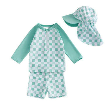Long Sleeve Checkered Toddler Swimsuit Green 9-12 M
