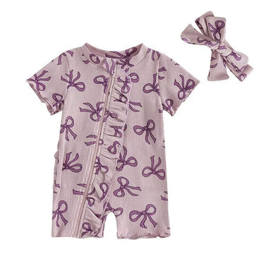 Short Sleeve Bows Baby Romper Purple 0-3 M