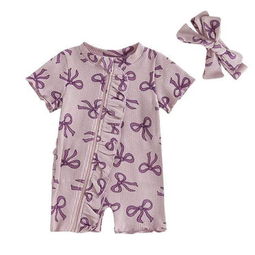 Short Sleeve Bows Baby Romper Purple 0-3 M