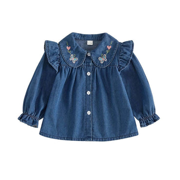 Ruffled Collar Denim Toddler Shirt shirt The Trendy Toddlers Navy Blue 12-18 M