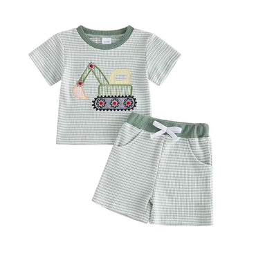 Short Sleeve Striped Excavator Toddler Set Green 9-12 M