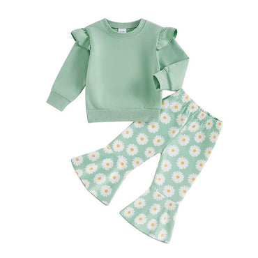 Long Sleeve Daisy Flared Pants Toddler Set Green 12-18 M