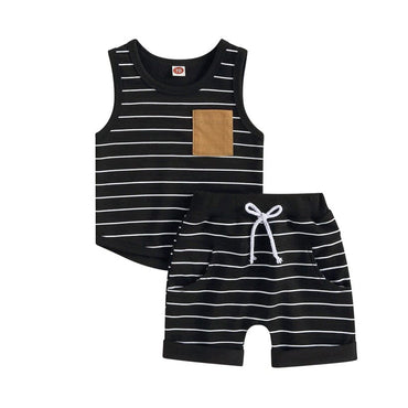 Sleeveless Striped Pocket Baby Set Black 3-6 M 