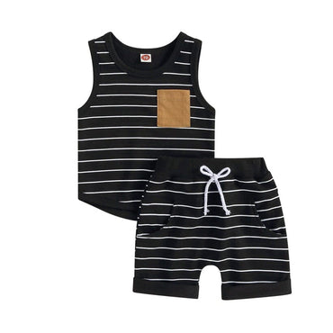 Sleeveless Striped Pocket Baby Set Black 3-6 M