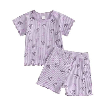 Short Sleeve Bows Ribbed Toddler Set Purple 9-12 M