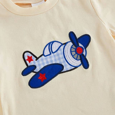 Short Sleeve Airplane Plaid Shorts Baby Set