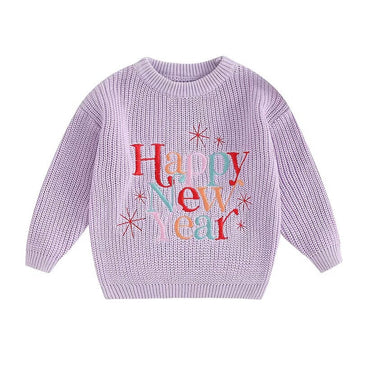 Happy New Year Knit Baby Sweater Purple 0-3 M