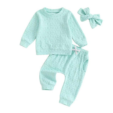 Long Sleeve Solid Flowers Baby Set Blue 3-6 M