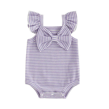 Fly Sleeve Bow Striped Waffle Baby Romper Purple 0-3 M