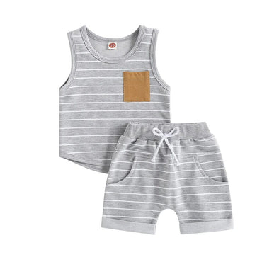 Sleeveless Striped Pocket Baby Set Gray 3-6 M 