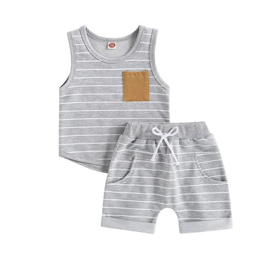 Sleeveless Striped Pocket Baby Set Gray 3-6 M
