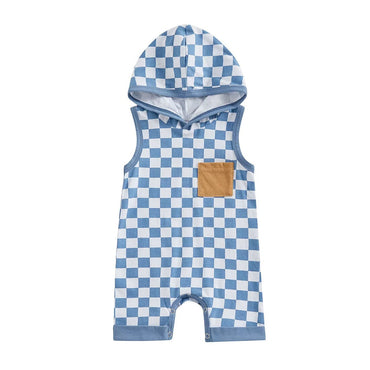 Sleeveless Checkerboard Hooded Baby Jumpsuit Blue 0-3 M