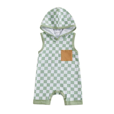 Sleeveless Checkerboard Hooded Baby Jumpsuit Green 0-3 M