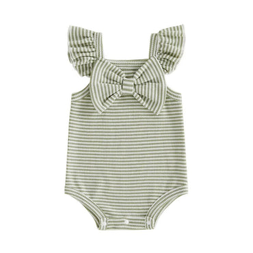 Fly Sleeve Bow Striped Waffle Baby Romper Green 0-3 M