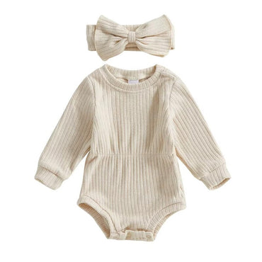 Long Sleeve Solid Ribbed Romper Beige 0-3 M